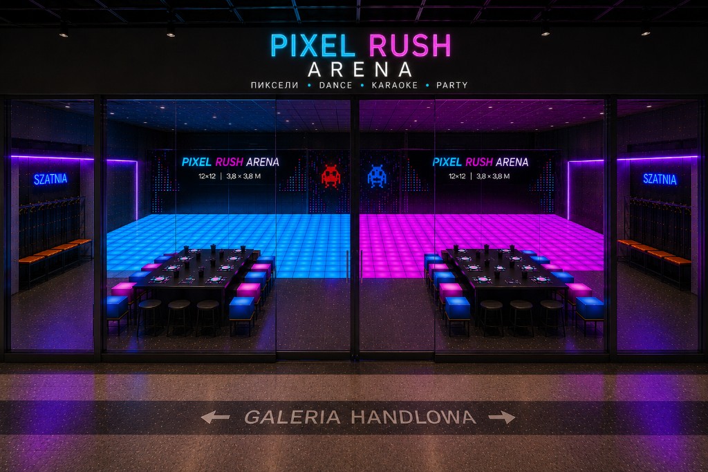 Pixel Rush Arena Duo — witryna w galerii: dwa sale LED i neon PIXEL RUSH ARENA