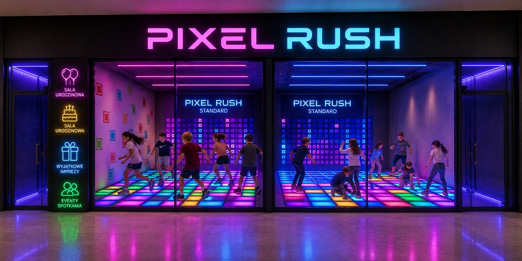 Wariant B witryny Pixel Rush — neonowy pawilon ze szkłem, drzwi wejściowe do sal, dzieci grają na pixel floor