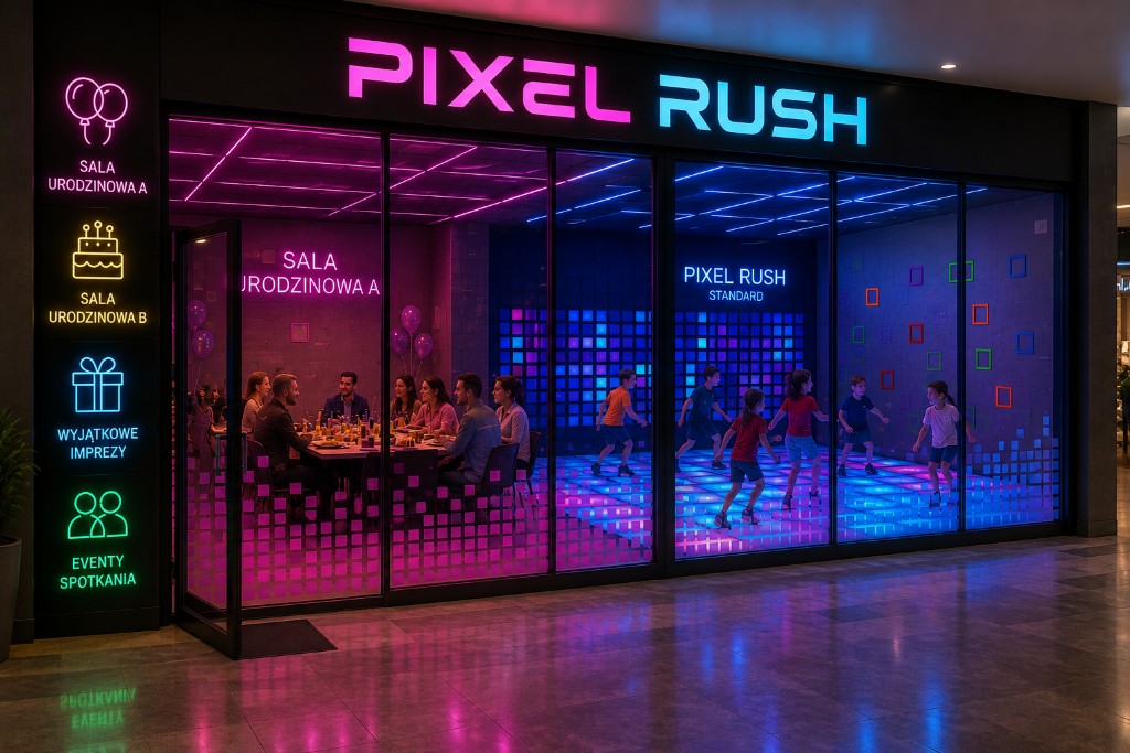 Sala urodzinowa i dzieci na podłodze LED w pawilonie Pixel Rush