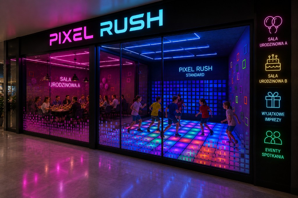 Wariant D — jak spędzić urodziny: witryna Pixel Rush z salą urodzinową i interaktywną podłogą LED, dzieci biegają po świecących kafelkach