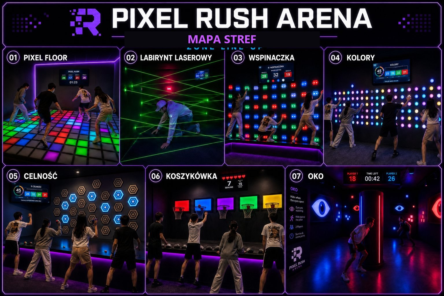 Mapa 7 stref Pixel Rush Arena: Pixel Floor, Labirynt Laserowy, Wspinaczka, Kolory, Celność, Koszykówka, Oko