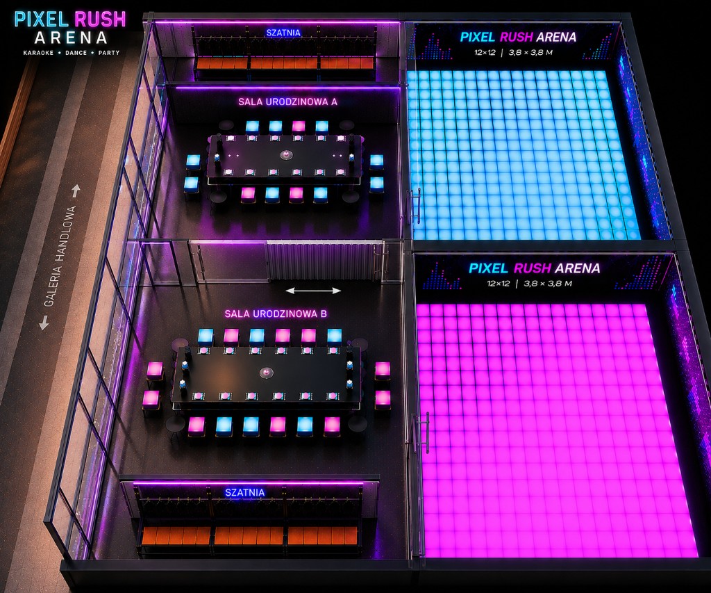 Arena Duo – wizualizacja z góry: sale + Pixel Rush